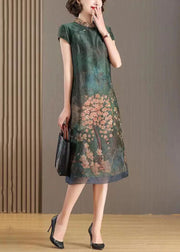 Chinese Style Green Stand Collar Embroideried Patchwork Silk Dresses Summer