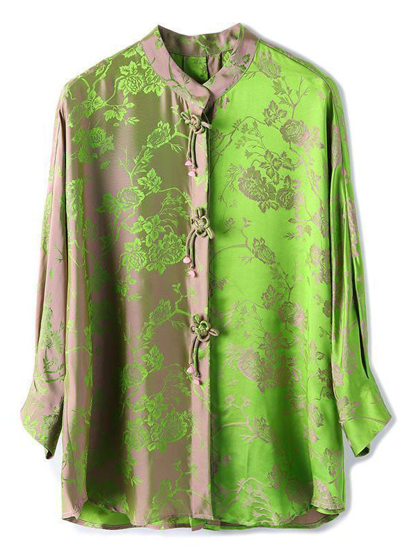 Chinese Style Green Stand Collar Jacquard Silk Shirt Fall