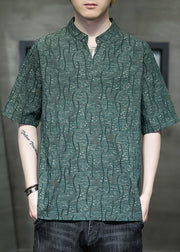 Chinese Style Green Stand Collar Linen Oversized T Shirt Men Summer