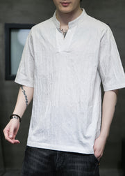 Chinese Style Green Stand Collar Linen Oversized T Shirt Men Summer