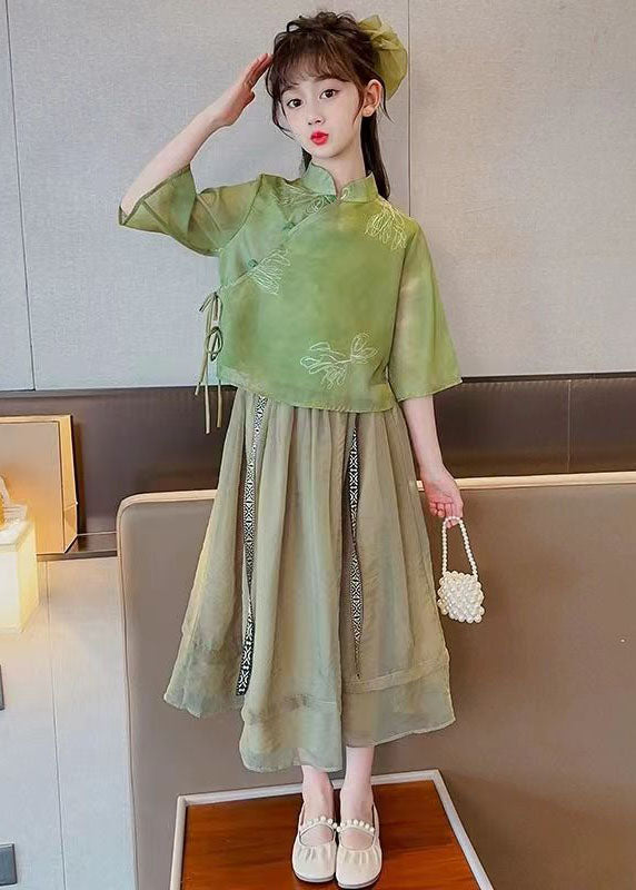 Chinese Style Green Stand Collar Patchwork Chiffon Baby Girls Two Pieces Set Summer