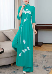 Chinese Style Green Stand Collar Print Patchwork Chiffon Two Pieces Set Fall