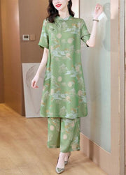 Chinese Style Green Stand Collar Print Silk Two Pieces Set Summe