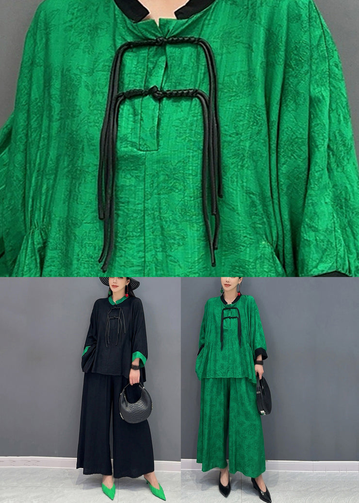Chinese Style Green Stand Collar Shirts And Wide Leg Pants Two Piece Set Fall