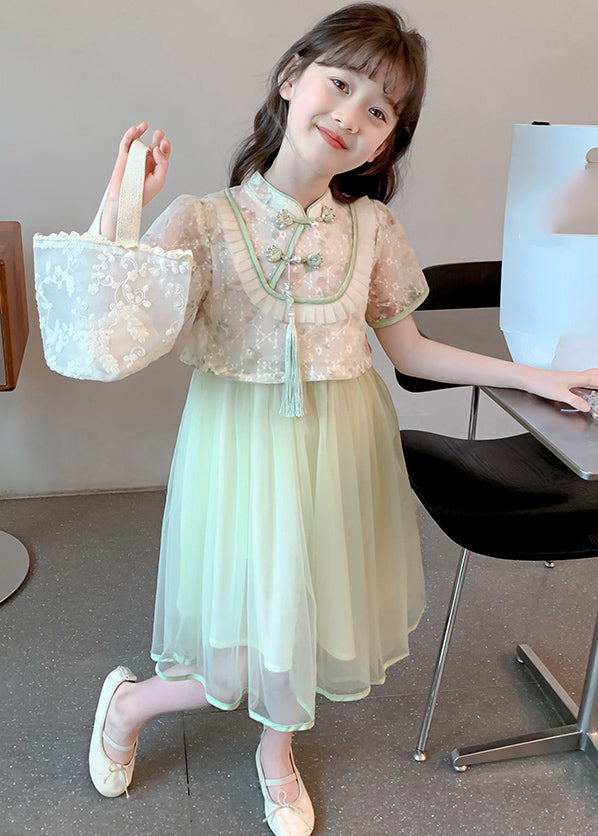 Chinese Style Green Stand Collar Tassel Fake Two Pieces Tulle Girls Maxi Dresses Summer
