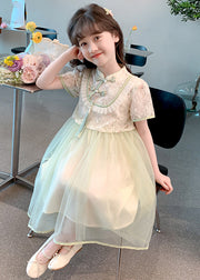 Chinese Style Green Stand Collar Tassel Fake Two Pieces Tulle Girls Maxi Dresses Summer