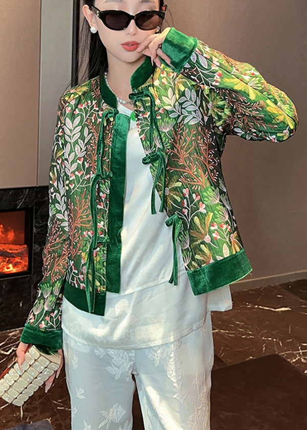 Chinese Style Green Stand Collar Tasseled Print Velour Jacket Spring