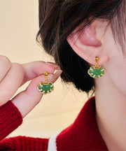 Chinese Style Green Sterling Silver Overgild Zircon Jade Safety Lock Stud Earrings