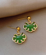 Chinese Style Green Sterling Silver Overgild Zircon Jade Safety Lock Stud Earrings