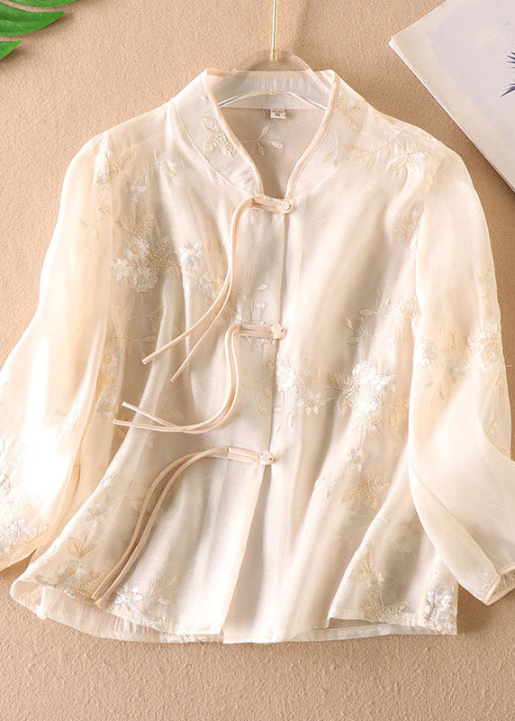 Chinese Style Green Tasseled Embroidered Patchwork Tulle Shirt Top Long sleeve