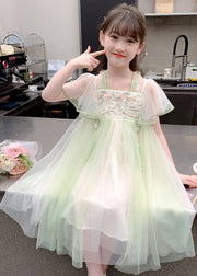 Chinese Style Green Tasseled Embroideried Tulle Girls Long Dress Summer