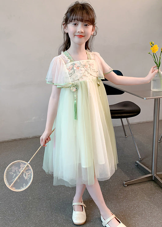 Chinese Style Green Tasseled Embroideried Tulle Girls Long Dress Summer