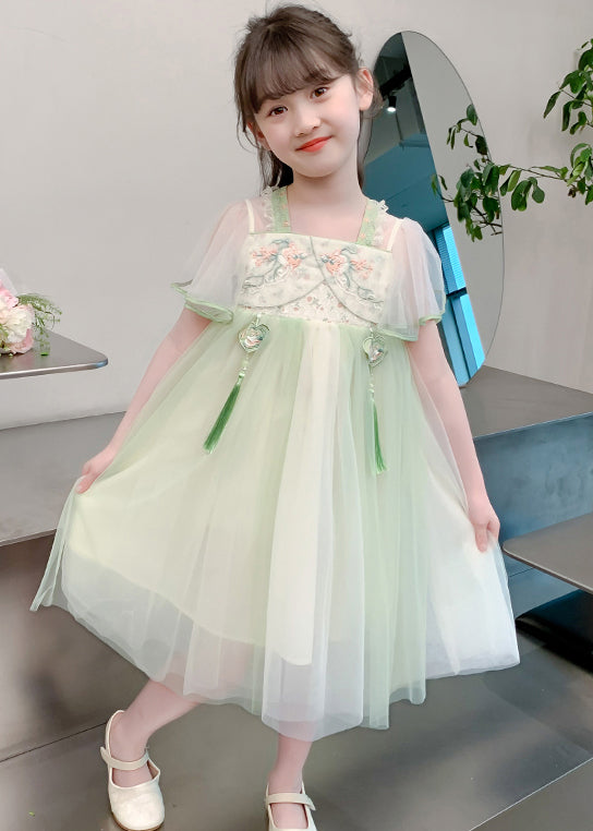 Chinese Style Green Tasseled Embroideried Tulle Girls Long Dress Summer