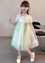 Chinese Style Green Tasseled Embroideried Tulle Girls Long Dress Summer