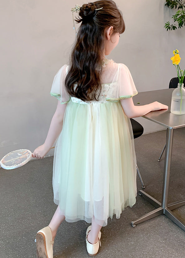 Chinese Style Green Tasseled Embroideried Tulle Girls Long Dress Summer