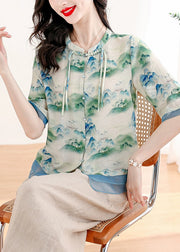 Chinese Style Green Tasseled Print Linen Two Pieces Set Summer