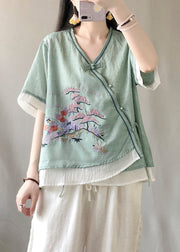 Chinese Style Green V Neck Embroidered Patchwork Linen Tops Summer