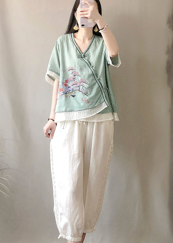 Chinese Style Green V Neck Embroidered Patchwork Linen Tops Summer