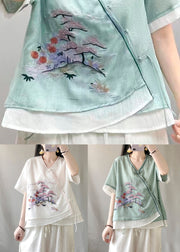 Chinese Style Green V Neck Embroidered Patchwork Linen Tops Summer