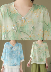 Chinese Style Green V Neck Print Patchwork Linen Shirt Tops Summer