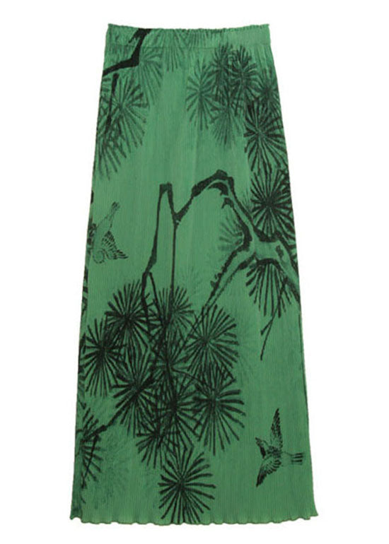 Chinese Style Green Wrinkled Print Silk Skirts Spring