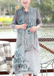 Chinese Style Grey Asymmetrical Print Patchwork Chiffon Dresses Summer