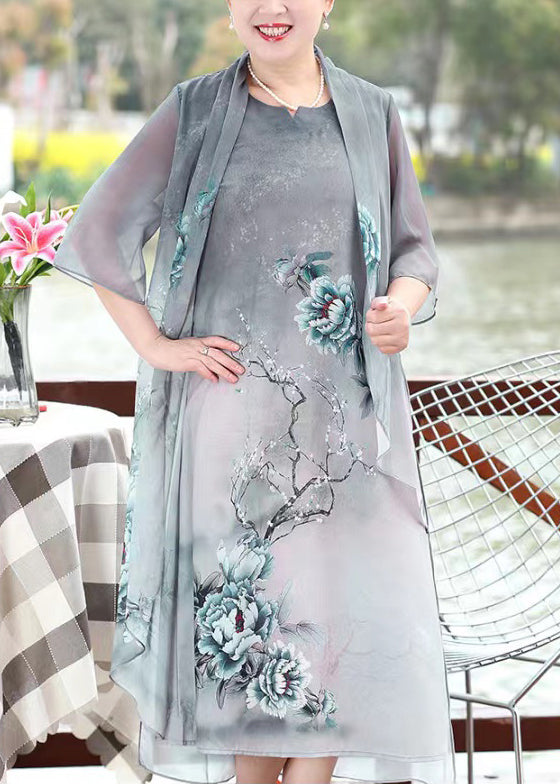 Chinese Style Grey Asymmetrical Print Patchwork Chiffon Dresses Summer