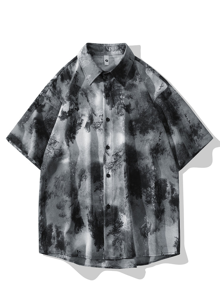 Chinese Style Grey Ice Silk Printed Short Sleeved Shirt For Men