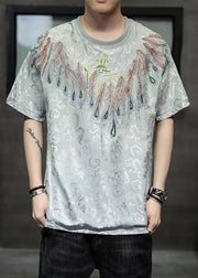 Chinese Style Grey O-Neck Embroidered Ice Silk Mens T Shirts Summer