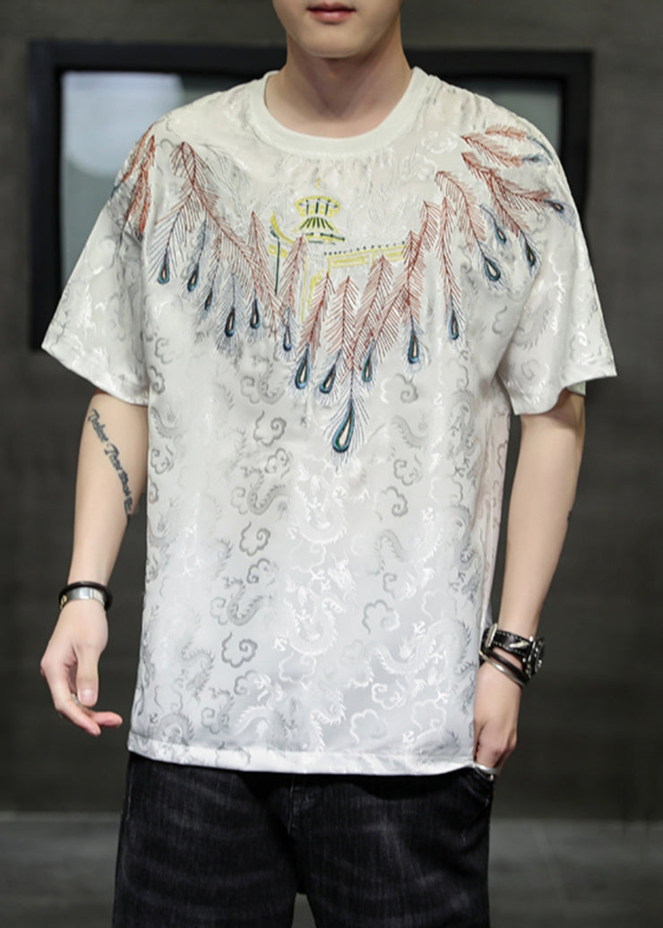 Chinese Style Grey O-Neck Embroidered Ice Silk Mens T Shirts Summer