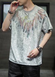 Chinese Style Grey O-Neck Embroidered Ice Silk Mens T Shirts Summer