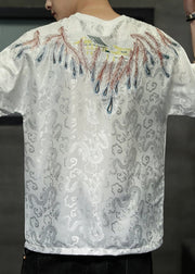Chinese Style Grey O-Neck Embroidered Ice Silk Mens T Shirts Summer