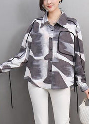 Chinese Style Grey Print Patchwork Button Shirts Spring