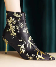Chinese Style Handmade Embroidered Pointed Toe Slim Heel Short Boots