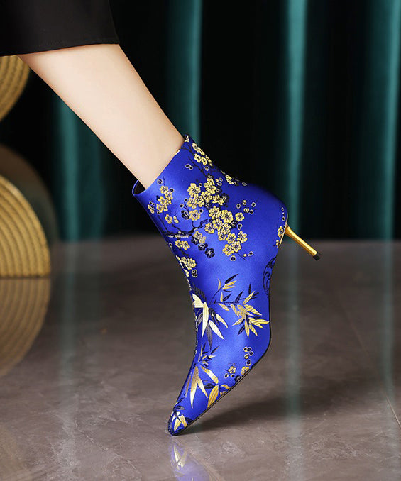 Chinese Style Handmade Embroidered Pointed Toe Slim Heel Short Boots