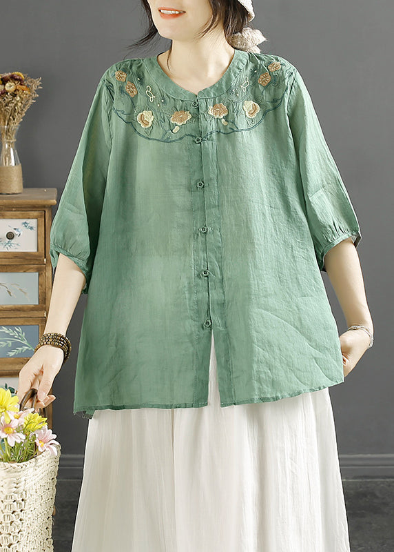 Chinese Style Khaki Embroidered Linen Shirt Tops Lantern Sleeve