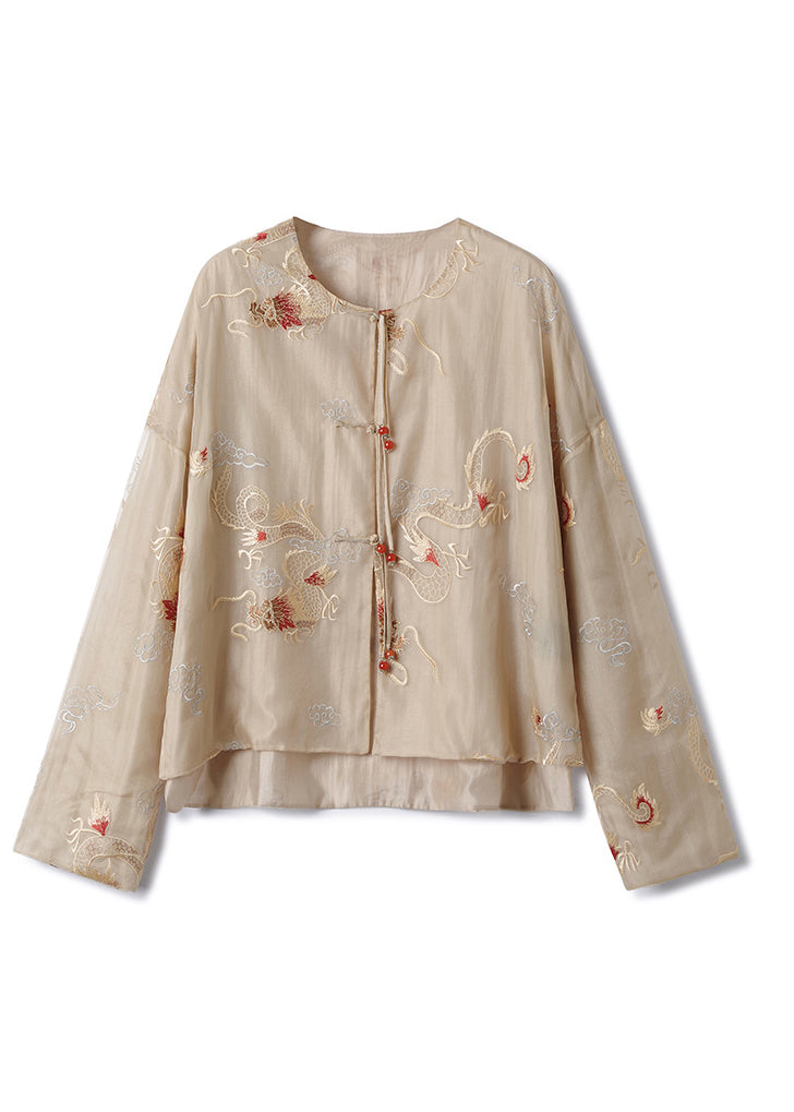 Chinese Style Khaki O-Neck Embroidered Silk Shirts Spring