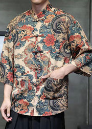 Chinese Style Khaki Print Print Ice Silk Mens Shirt Bracelet Sleeve