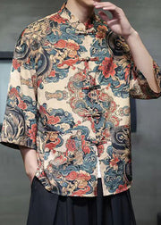 Chinese Style Khaki Print Print Ice Silk Mens Shirt Bracelet Sleeve