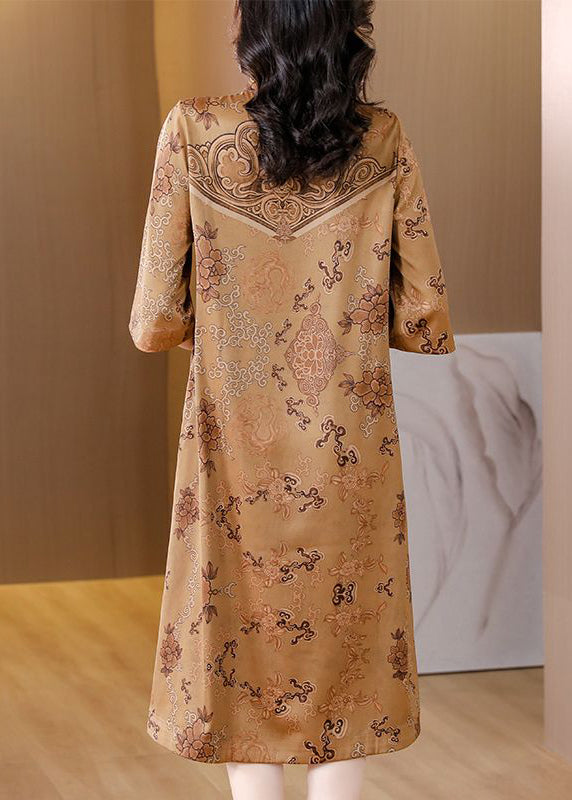 Chinese Style Khaki Stand Collar Chinese Button Print Silk Dresses Half Sleeve