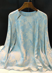 Chinese Style Light Blue O Neck Jacquard Silk Top Spring