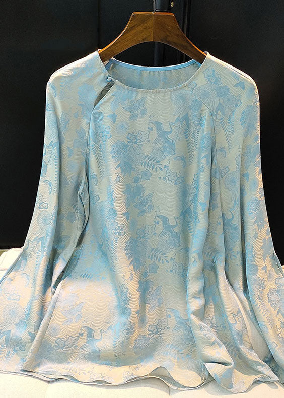 Chinese Style Light Blue O Neck Jacquard Silk Top Spring