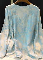 Chinese Style Light Blue O Neck Jacquard Silk Top Spring