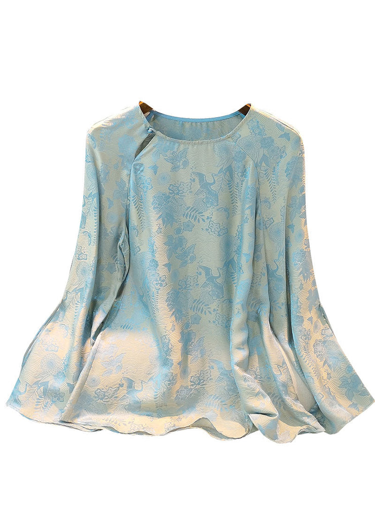 Chinese Style Light Blue O Neck Jacquard Silk Top Spring