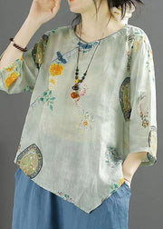 Chinese Style Light Blue Print Asymmetrical Patchwork Linen Tops Summer