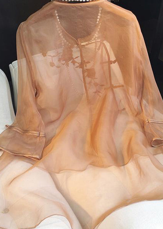 Chinese Style Light Brown Embroidered Tulle Shirt Top Summer