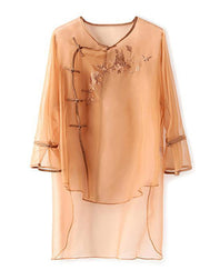 Chinese Style Light Brown Embroidered Tulle Shirt Top Summer