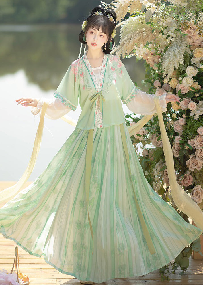 Chinese Style Light Green Embroideried Tops And Pleated Skirt ChiffonTwo Pieces Set Fall