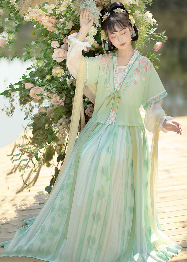 Chinese Style Light Green Embroideried Tops And Pleated Skirt ChiffonTwo Pieces Set Fall