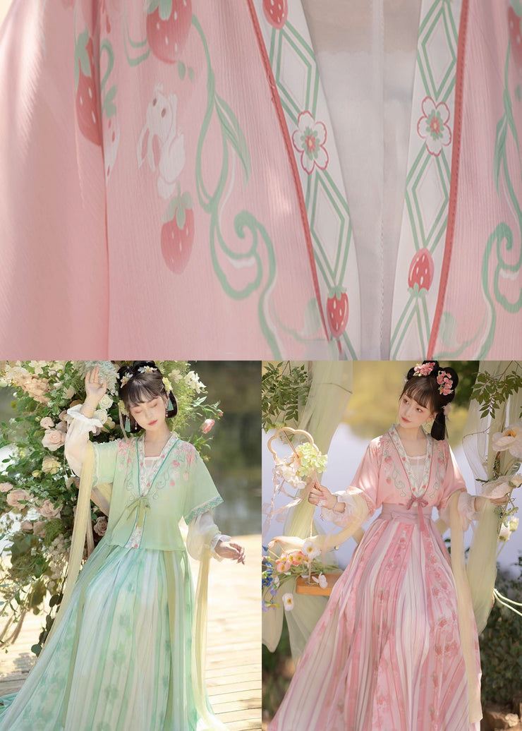 Chinese Style Light Green Embroideried Tops And Pleated Skirt ChiffonTwo Pieces Set Fall